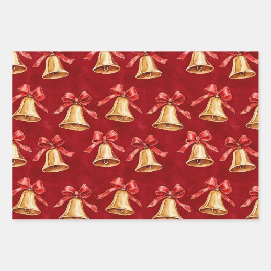 Gouden klokken Santa Poinsettia Bloemen Kerstmis Inpakpapier Vel (Voorkant)
