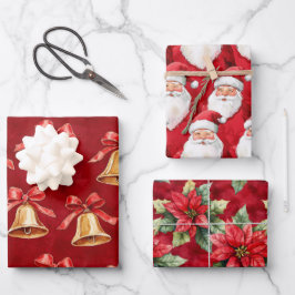 Gouden klokken Santa Poinsettia Bloemen Kerstmis Inpakpapier Vel
