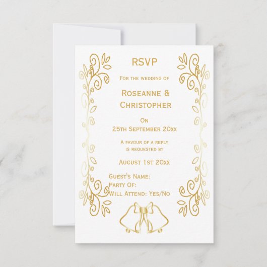 Gouden klokken Scrollwork Ontwerp Wedding RSVP Kaartje (Voorkant)