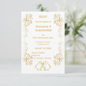 Gouden klokken Scrollwork Ontwerp Wedding RSVP Kaartje (Staand voorkant)