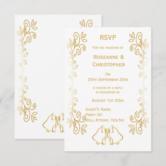 Gouden klokken Scrollwork Ontwerp Wedding RSVP Kaartje (Voorkant / Achterkant)