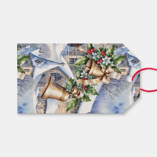 Gouden klokken van kerstdag cadeaulabel (Voorkant (Horizontaal))