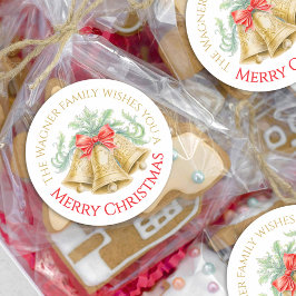 Gouden klokken waterverf rode boog Vrolijk kerstfe Ronde Sticker