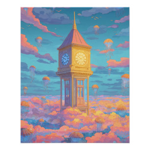 Gouden Klokkentoren Pastel Hemel Fantasie Kunst Perfect Poster