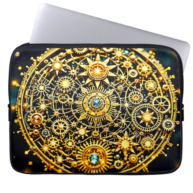 Gouden Klokwerk Hemelse Kunst Laptop Sleeve (Voorkant)