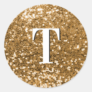 Gouden Klompige Glitter Monogram Ronde Sticker
