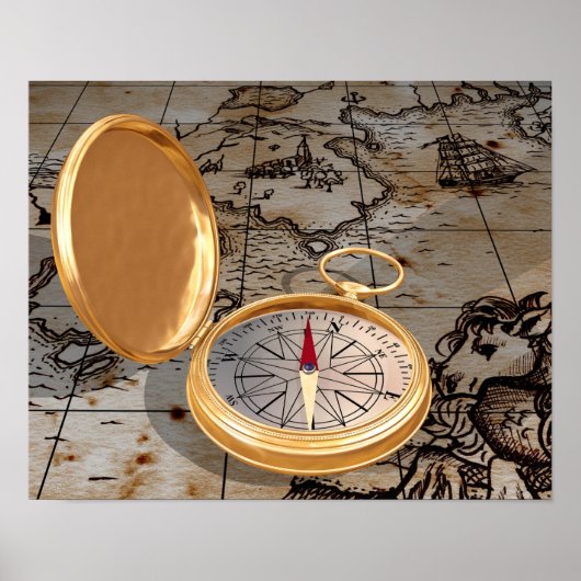  gouden kompas op Antiek piratenkaart Poster (Voorkant)
