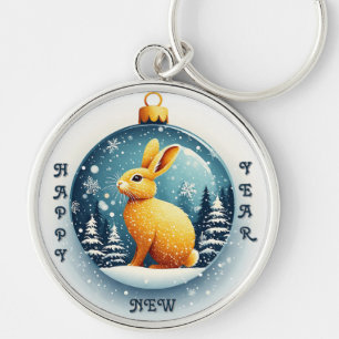 Gouden Konijn in een Festieve Sneeuwbol Sleutelhanger