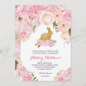 Gouden Konijn verjaardag roze  bloemen uitnodiging (Voorkant / Achterkant)