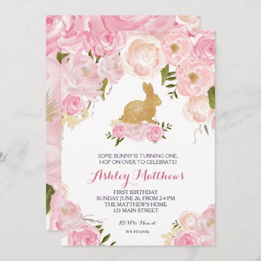 Gouden Konijn verjaardag roze  bloemen uitnodiging (Voorkant / Achterkant)