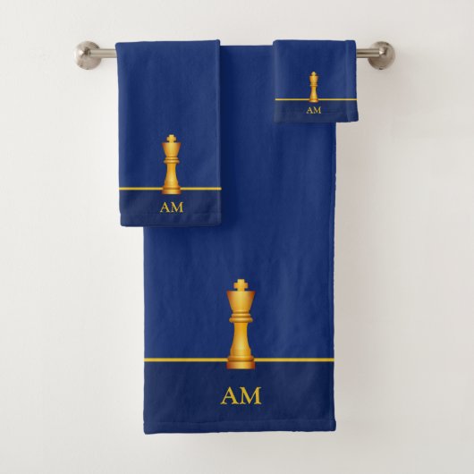 Gouden Koning & Monogram op Navyblauw Bad Handdoek (Insitu)