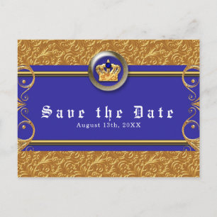 Gouden & Koninklijk Blauwe Kroon Elegante Glam Bew Aankondigingskaart
