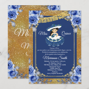 Gouden Koninklijk Blauwe Rozen Quinceañera  Kaart