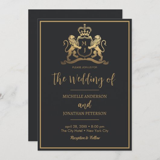 Gouden Koninklijke Kroon Embleem Leeuwen Monogram  Save The Date (Voorkant / Achterkant)