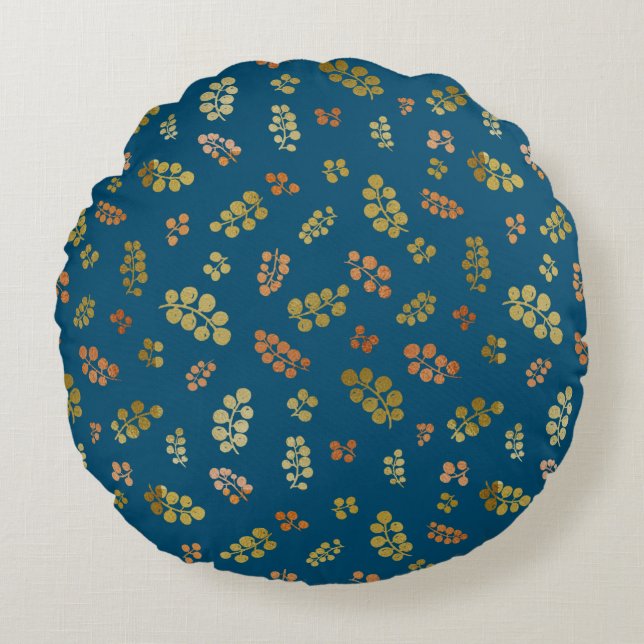 Gouden koperen bessen op Navy Round Pillow Rond Kussen (Voorkant)