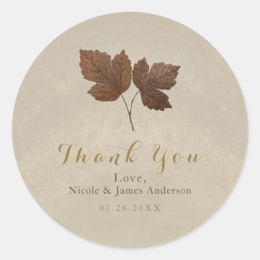 Gouden koperen herfstbladeren Elegante aangepaste Ronde Sticker (Voorkant)