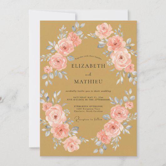 Gouden Koraal Ranunculus Eucalyptus Bruiloft Kaart (Voorkant)