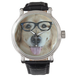 Gouden koudriever met nerd glas horloge