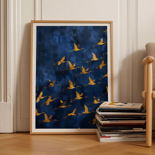 Gouden Kraanvogel Print Vogel Print Blauwe Muurkun