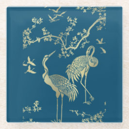 Gouden kraanvogels Kunst, Blauwe achtergrond Glazen Onderzetter