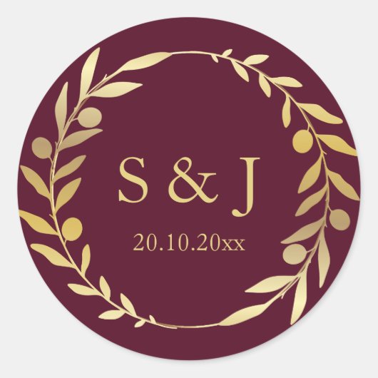 Gouden krans donker bordeaux monogram Initiaal bru Ronde Sticker (Voorkant)