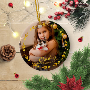 Gouden Krans Kat Eerste Kerstmis Eenvoudige Foto Keramisch Ornament