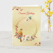 Gouden krans met Magnolia en Vogel Kerstmis Kaart (Gele Bloem)