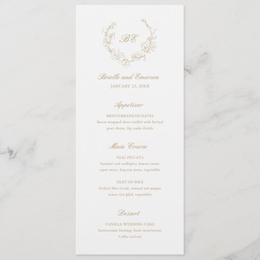 Gouden krans monogram elegante bruiloft menu (Voorkant)