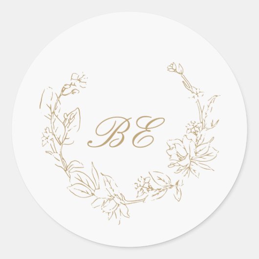 Gouden krans monogram elegante trouw ronde sticker (Voorkant)