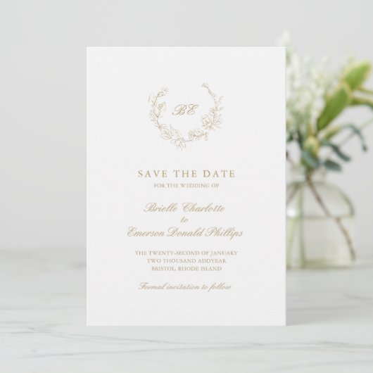 Gouden Krans Monogram Elegante Trouw Save The Date (Staand voorkant)