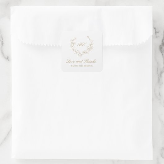 Gouden krans monogram elegante trouw vierkante sticker (Tas)