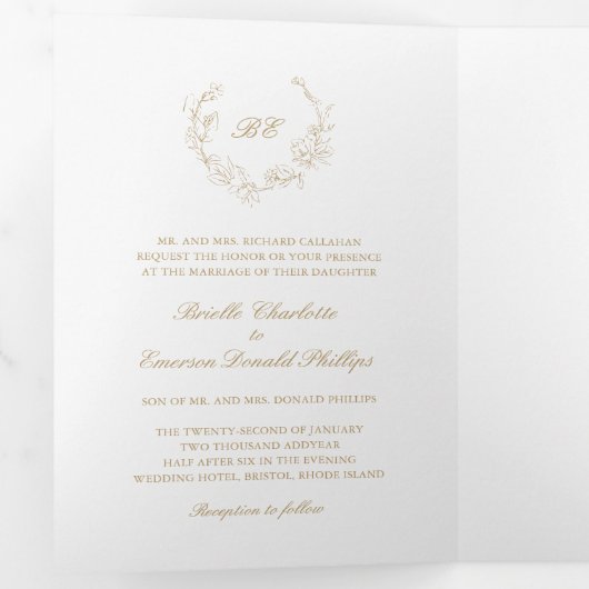 Gouden Krans Monogram QR Code Elegant Huwelijk Drieluik Uitnodiging (Binnenzijde eerst)