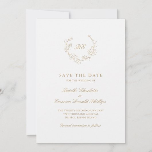 Gouden Krans Monogram QR Code Elegant Huwelijk Save The Date (Voorkant)