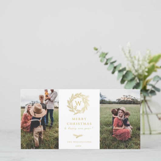 Gouden Krans Monogram Vakantie 2 Foto Kaart (Staand voorkant)