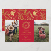 Gouden Krans Monogram Vakantie 2 Foto Kaart Rood (Voorkant / Achterkant)