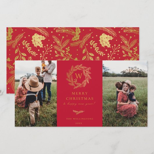 Gouden Krans Monogram Vakantie 2 Foto Kaart Rood (Voorkant / Achterkant)