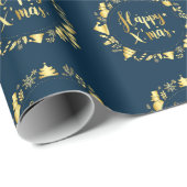 Gouden krans op Navy Kerstmis Cadeaupapier (Rol Hoek)