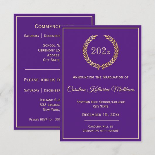 Gouden krans Paarse Afstuderen Aankondiging (Voorkant / Achterkant)