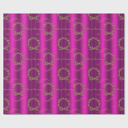 Gouden kransen en sterren roze kerst cadeaupapier (Vlak)