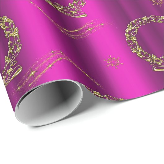 Gouden kransen en sterren roze kerst cadeaupapier (Rol Hoek)