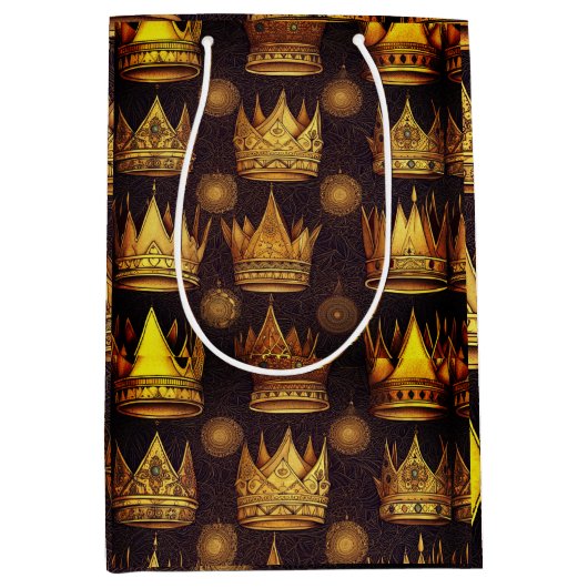 Gouden kronen patroon medium cadeauzakje (Voorkant)