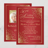 Gouden kronkels op rode 50e huwelijksjubileum foto kaart (Voorkant / Achterkant)