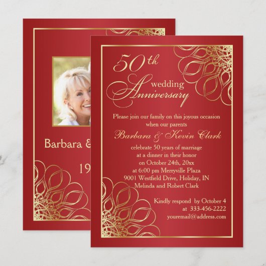 Gouden kronkels op rode 50e huwelijksjubileum foto kaart (Voorkant / Achterkant)