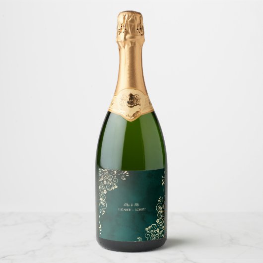 Gouden kronkels smaragdgroene trouw sparkling wijnetiket (Voorkant)