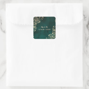 Gouden kronkels smaragdgroene trouw  vierkante sticker