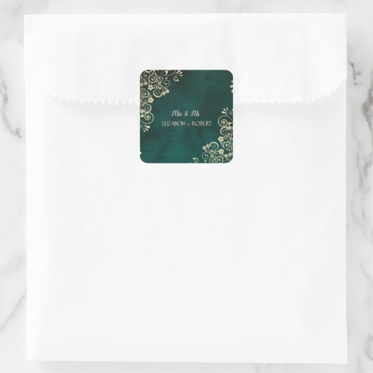 Gouden kronkels smaragdgroene trouw vierkante sticker (Tas)