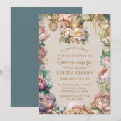 Gouden Kroon Diamant Bloemen Quinceanera Kaart (Voorkant / Achterkant)