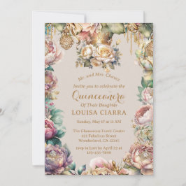 Gouden Kroon Diamant Bloemen Quinceanera Kaart