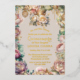 Gouden Kroon Diamanten Bloemen Quinceanera  Folie Uitnodiging