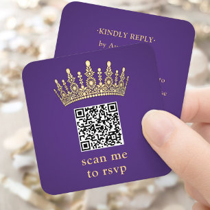 Gouden Kroon Donkerpaarse Quinceañera Scan Me QR R Informatiekaartje